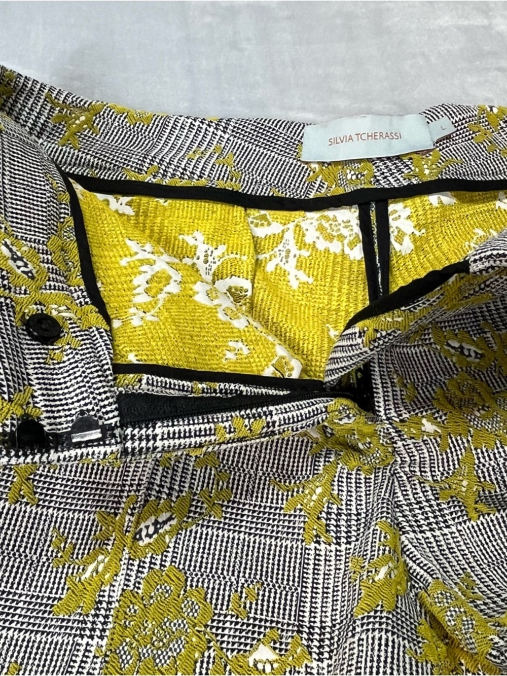 Silvia Tcherassi Yellow & Gray Plaid Floral Trousers - Picture 6 of 13